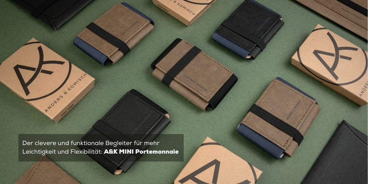 A&K MINI Portemonnaie in zeitlosen Farben - nachhaltig verpackt in plastikfreier Verpackung.